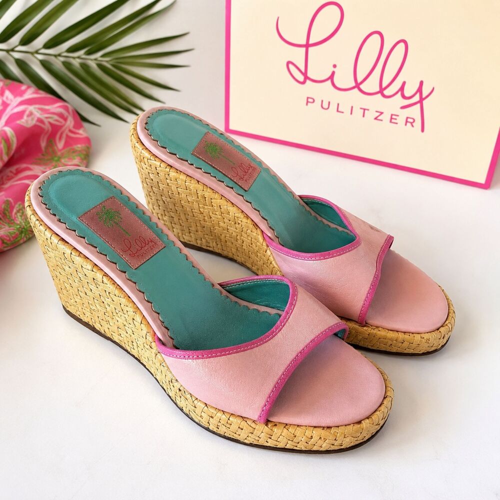 Lilly Pulitzer Espadrilles Italian Pink Slides Wedge Shoes Sandal Womens 8.5